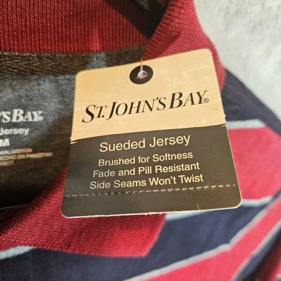 NWT St. Johns Bay Sueded Jersey Men's M Red Navy Striped Long Sleeve Polo Shirt - Picture 4 of 11